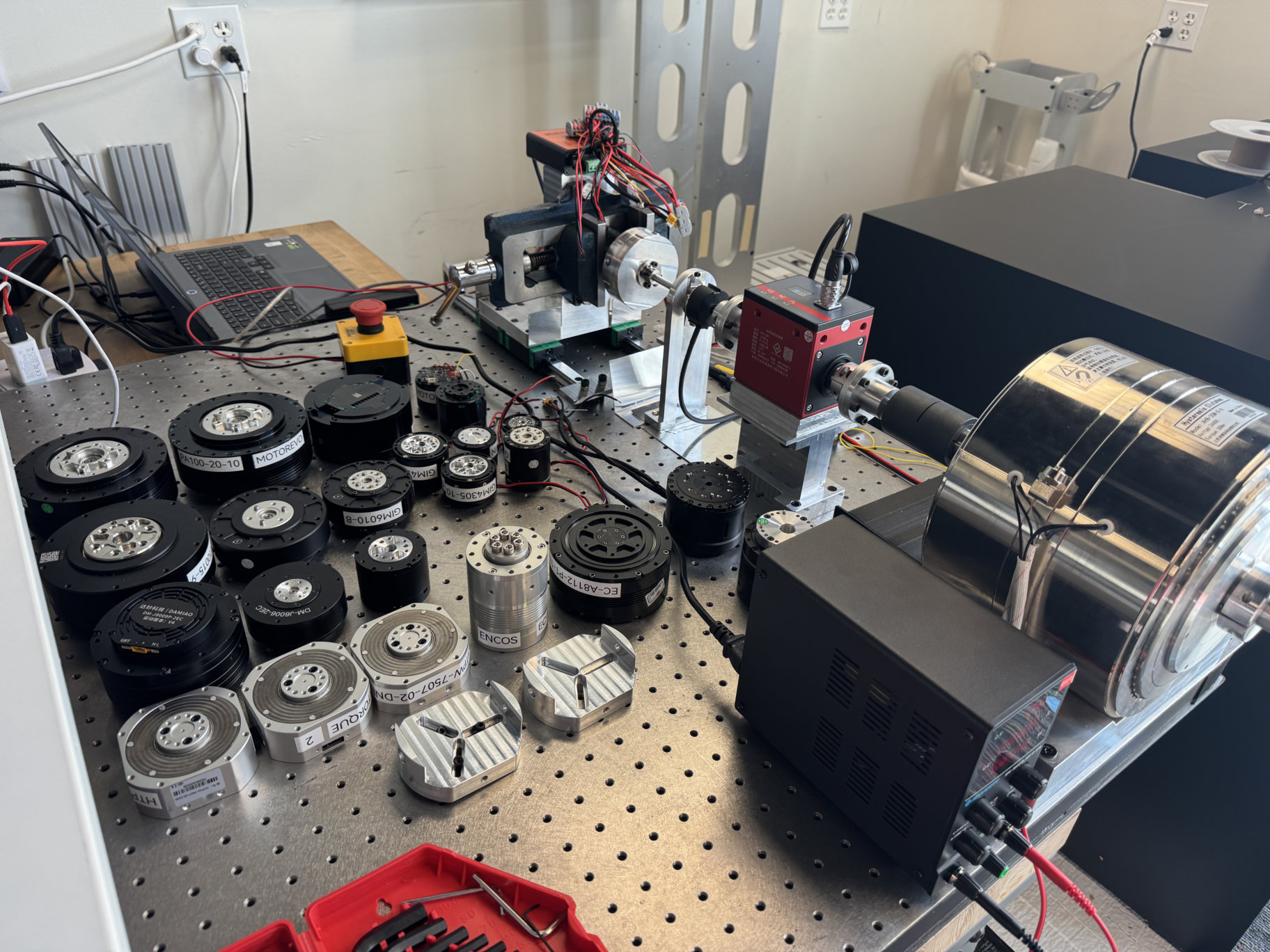 The assembled bench and a selection of the joint actuators evaluated