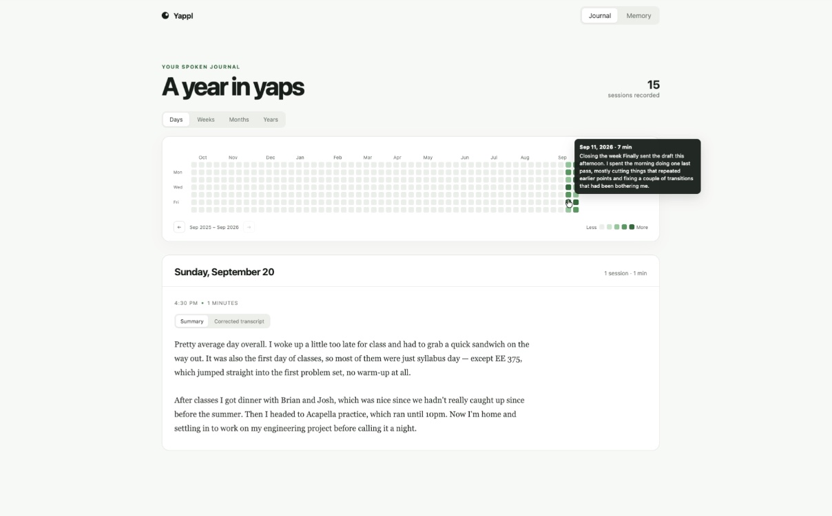 The journal dashboard, with a timeline of entries and summaries of each day